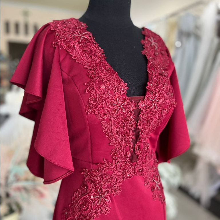 [FOR RENT] Gaun Pesta Scuba Stretch/ V-Neck Simple Party Dress Merah Tua Murah MRN-001