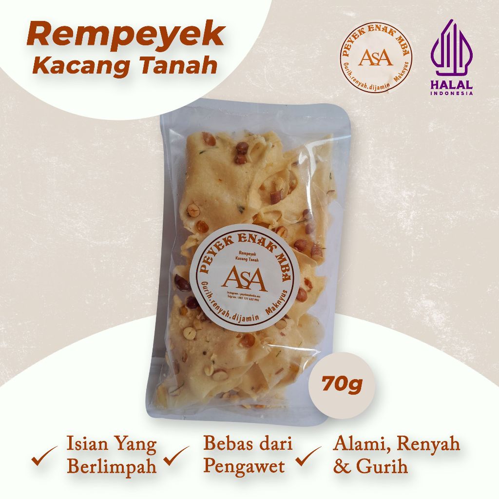 

Peyek Mbak Asa | Rempeyek Kacang Tanah Premium Gurih , Renyah kemasan ( 70 gram )