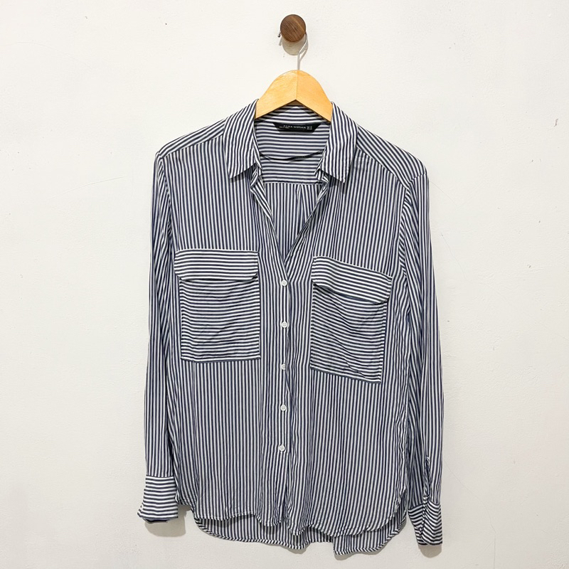 Zara Original Kemeja Top Atasan Wanita Motif Stripe Salur Garis Blue Biru