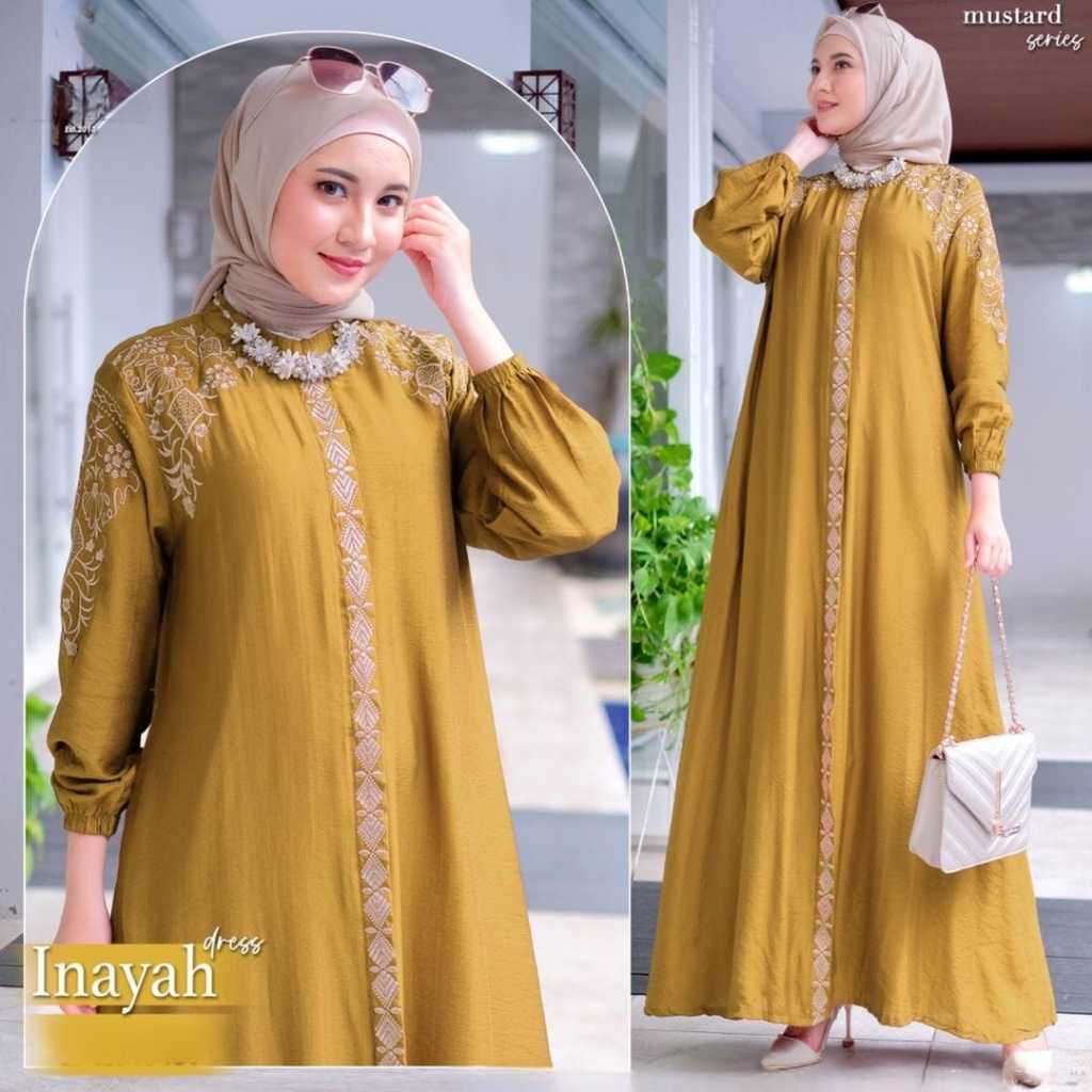 (bisa cod) Inayah dress Gamis bordir bunga timbul terbaru mewah Baju kondangan pesta terbaru dress k