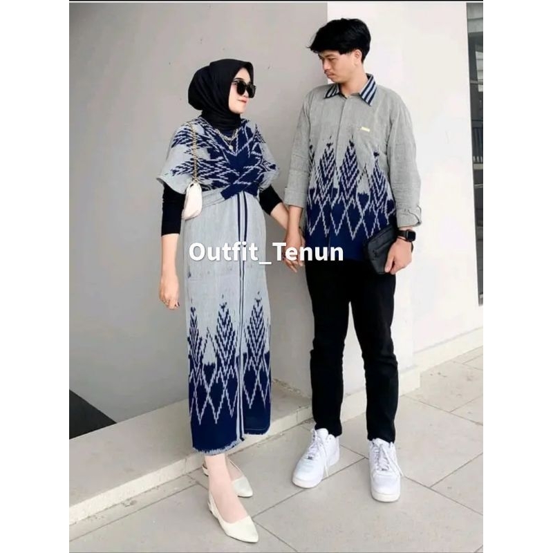 Set Couple Clara Dres Abu Navy Cemara baju pasangan pria wanita kondangan prewedding guru kartinian 