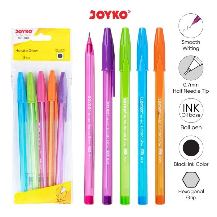 

(PERPAK) Ball Pen Pulpen Pena Joyko BP-380 Haruto Glow 0.7 mm 1 Set 5 Pcs