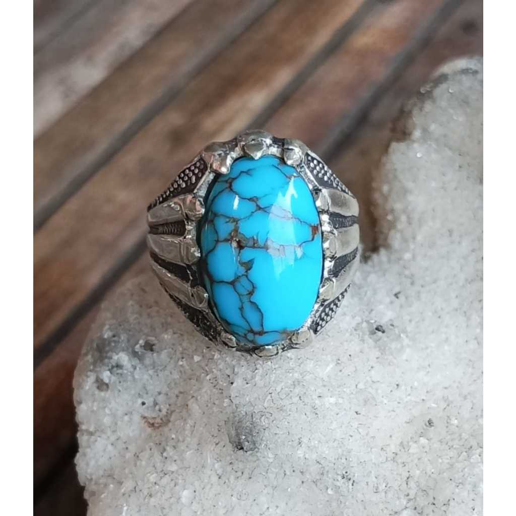 Natural Pirus Mesir Biru Urat Merah Ring Perak 925 HM Unik