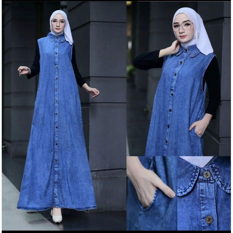 Inner Jeans Snow Wash Dress Tanpa Lengan Yukensi Overall Outer Jeans Full Kancing Aktif
