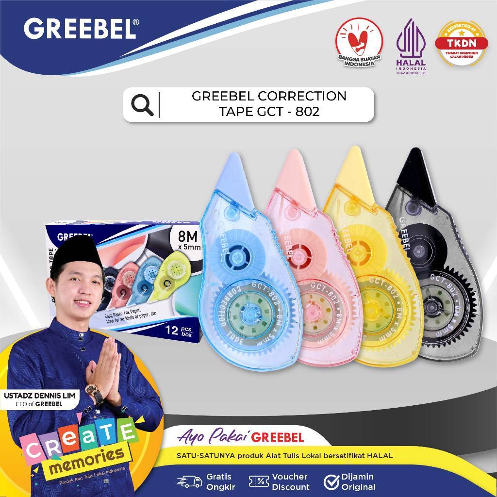 

ATK - CORRECTION TAPE GCT-802 ( 1 PCS ) / Correction tape cpt kering gk bau utk atk/anak sekolah - GREEBEL