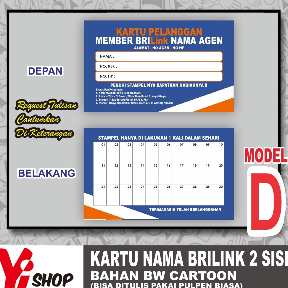 

KODE P7S8 Kartu Nama Member Agen BRILINK Kartu Pelanggan