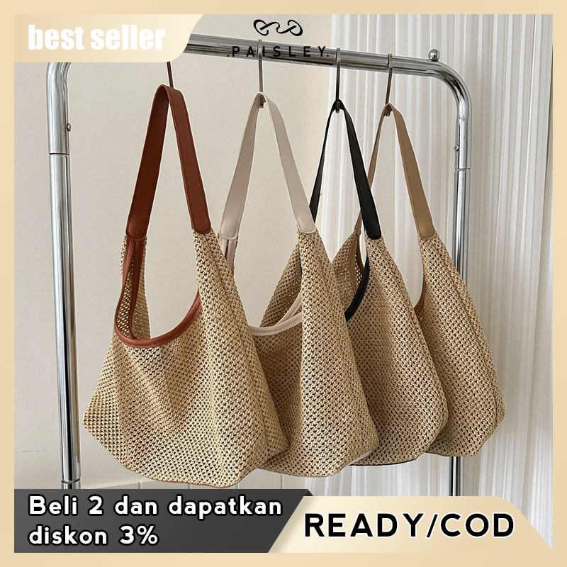 Tas Selempang Baru Berkapasitas Besar Tas Tangan Tenun Mode Rattan Shoulder Bag  Casual Tas Bahu Wan