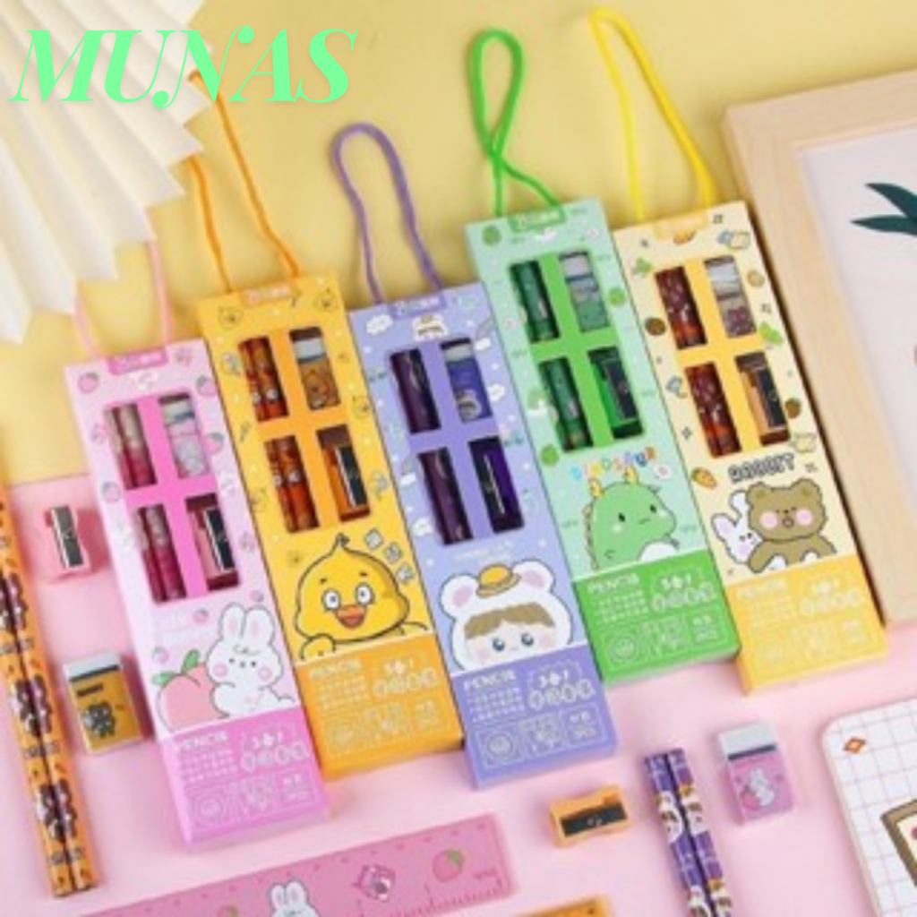 

MUNAS Stationery Set 5 in 1 Alat Tulis Anak Sekolah Penghapus penggaris Pensil Serutan Karakter Lucu Set Alat Tulis Anak Motif Kartun