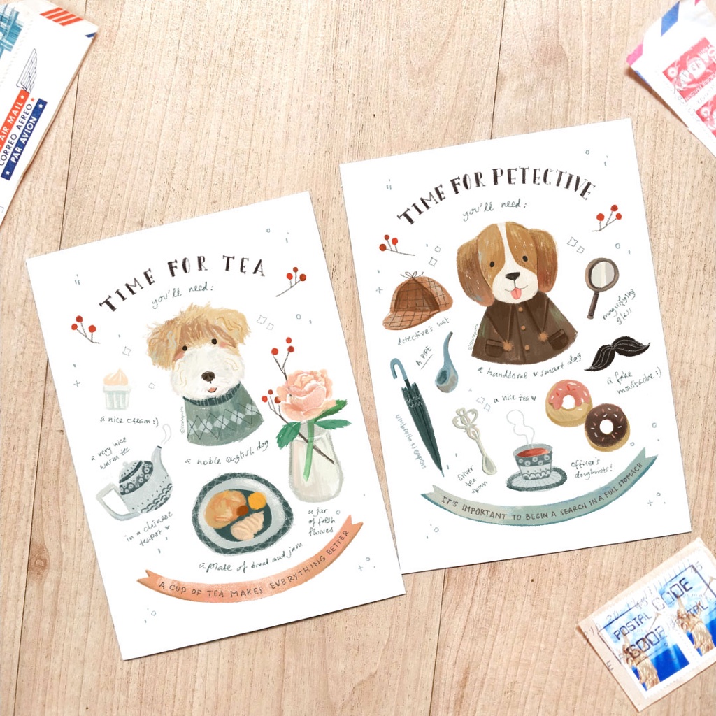 

Postcard kartu pos Terrier Tea Time Beagle Pet Detective