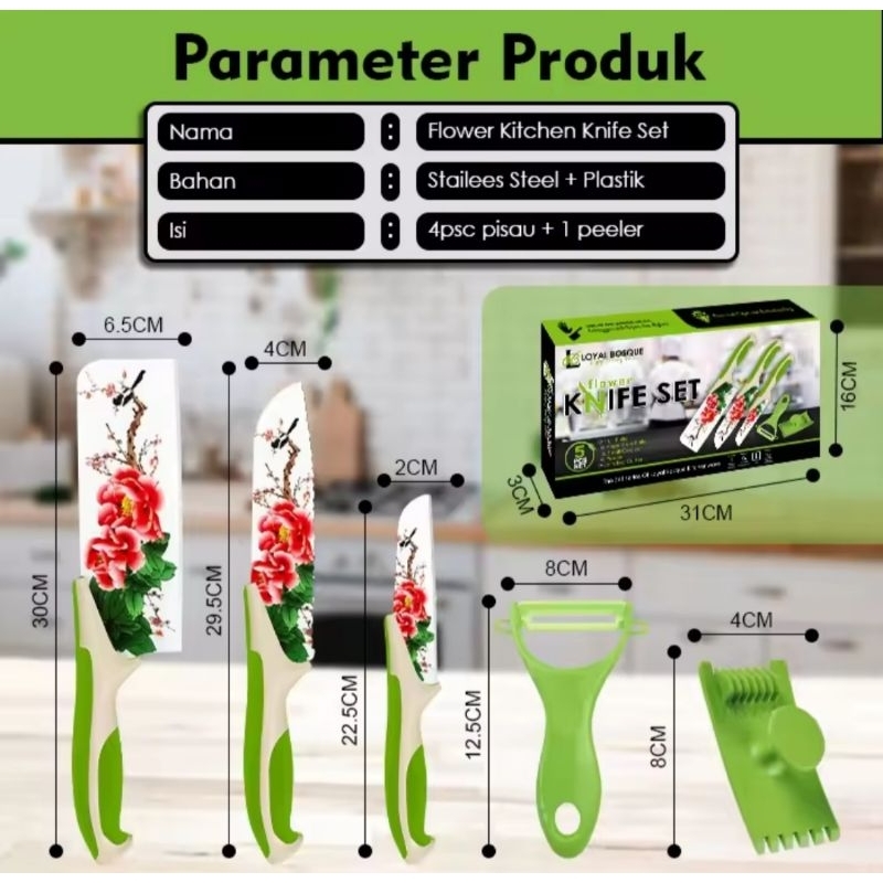 Pisau set dapur 5 in 1 / pisau motif bunga / flower kitchen knife 5in1