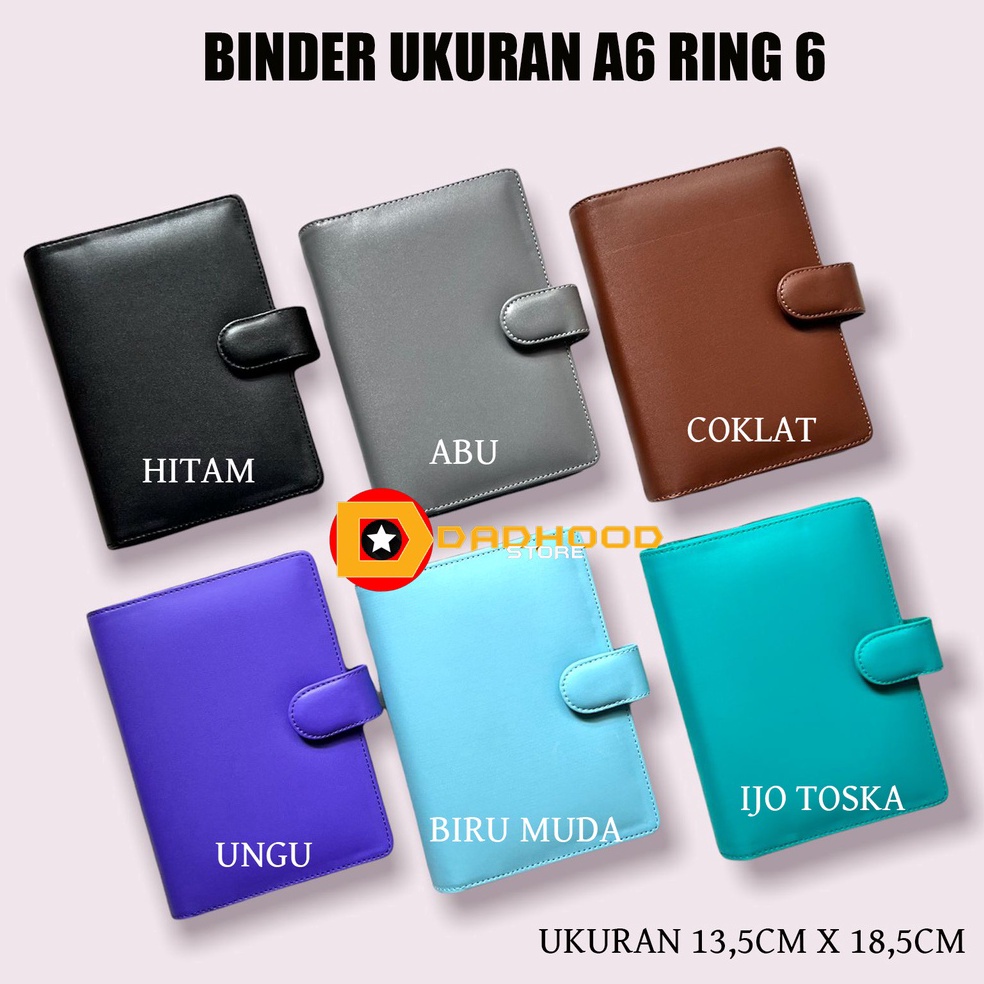 

KODE R62Z BINDER KULIT GLOSSY SINTETIK UKURAN A6 RING 6 1 WARNA PILHAN
