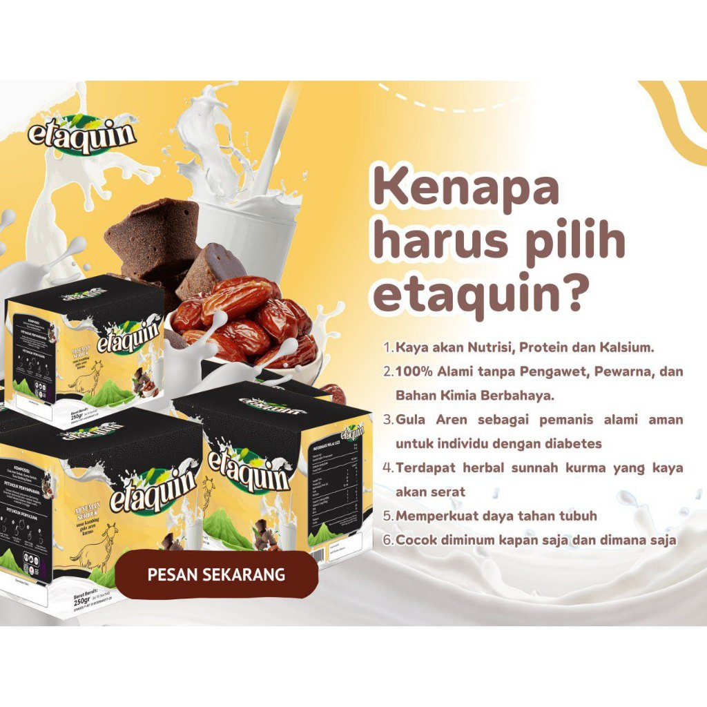 

ETAQUIN - Susu Kambing Etawa Baik bagi Kesehatan Tulang Sendi Lansia Herbal Sunnah Kurma