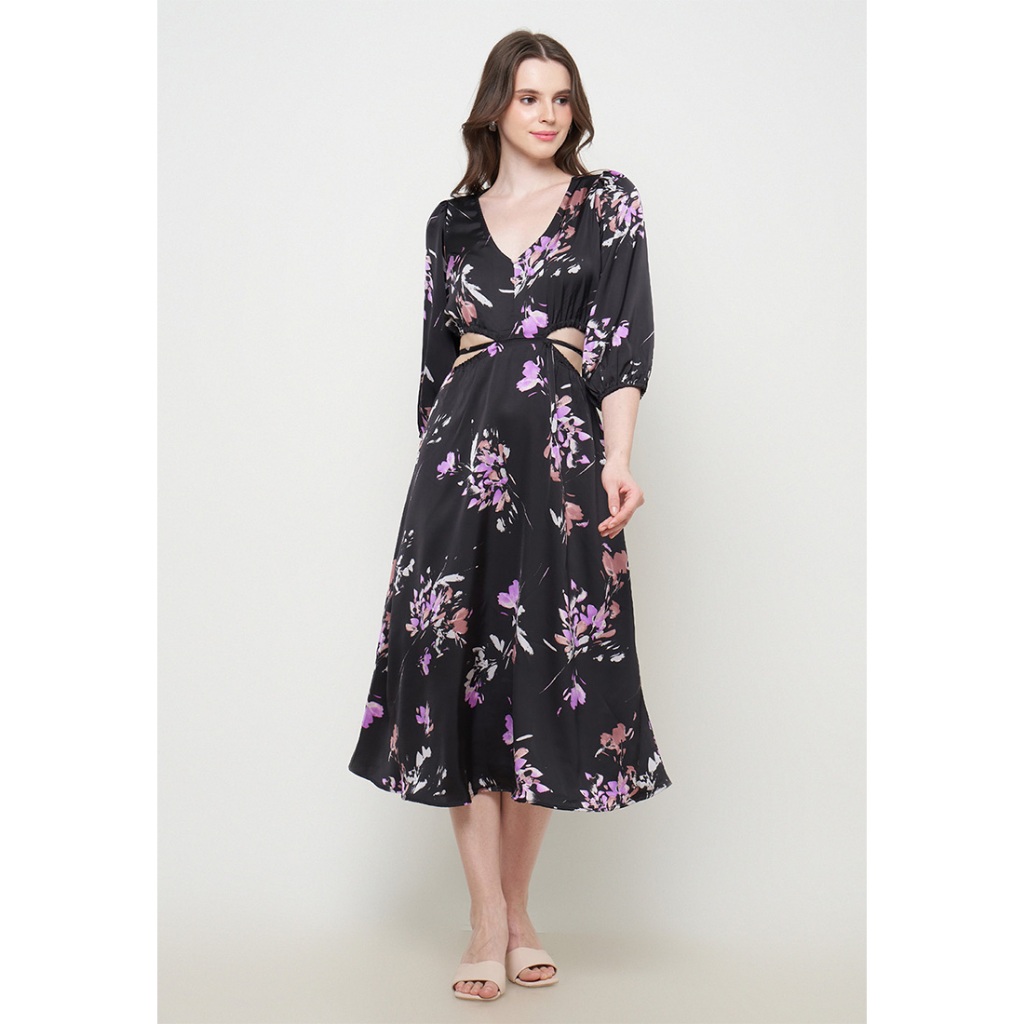 Seutail Lanata Dress Wanita Satin Elegan Kekinian Warna Hitam - 010284
