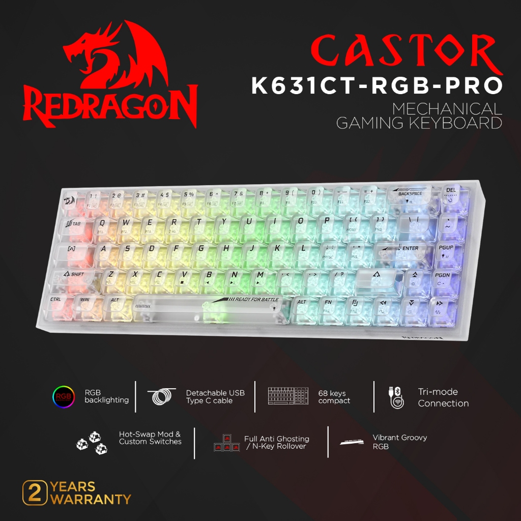 Redragon Transparent Mechanical Gaming Keyboard 3 Mode CASTOR - K631CT