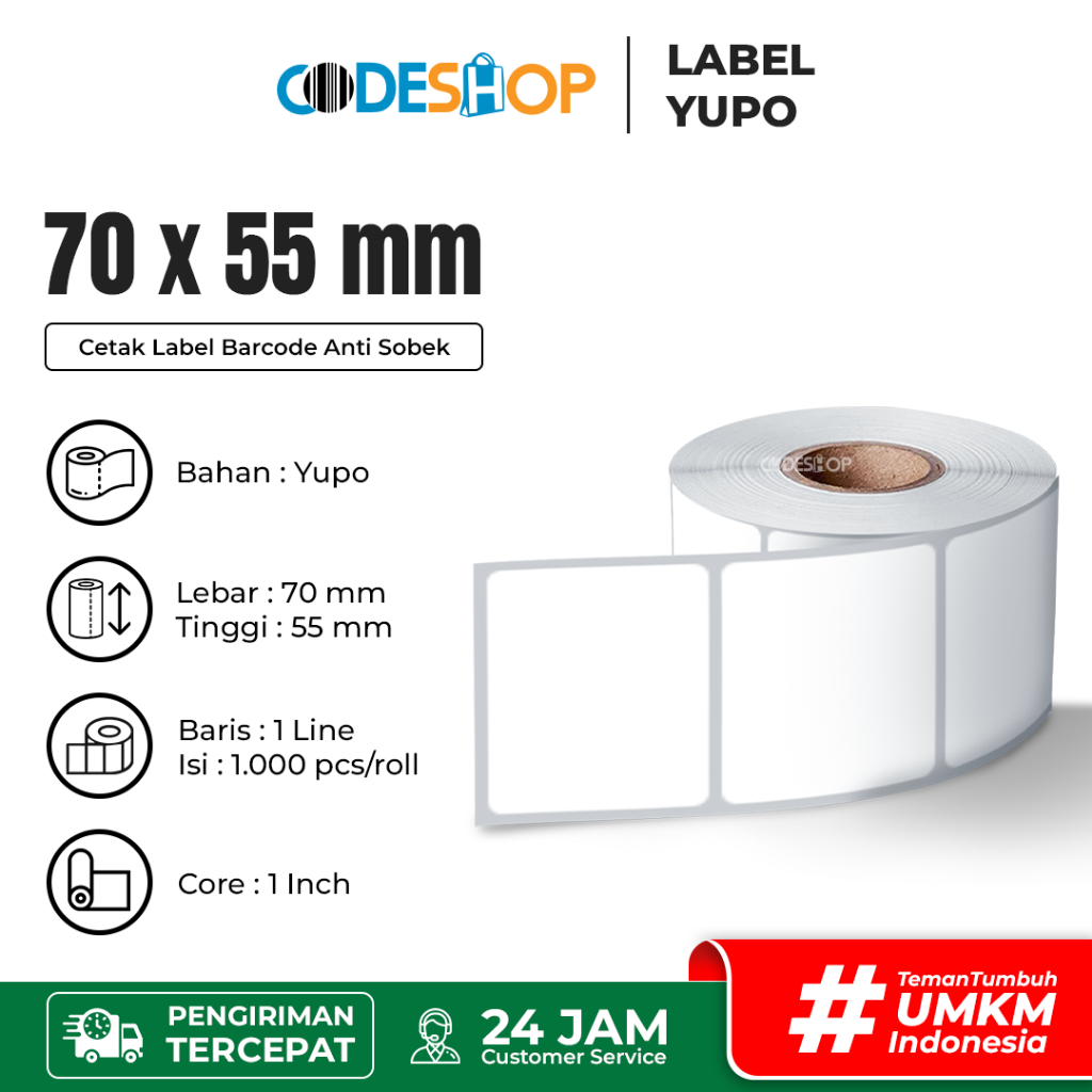 

Codeshop Label Yupo 70x55 mm 1 Line 1 inchCore isi 1000 Pcs