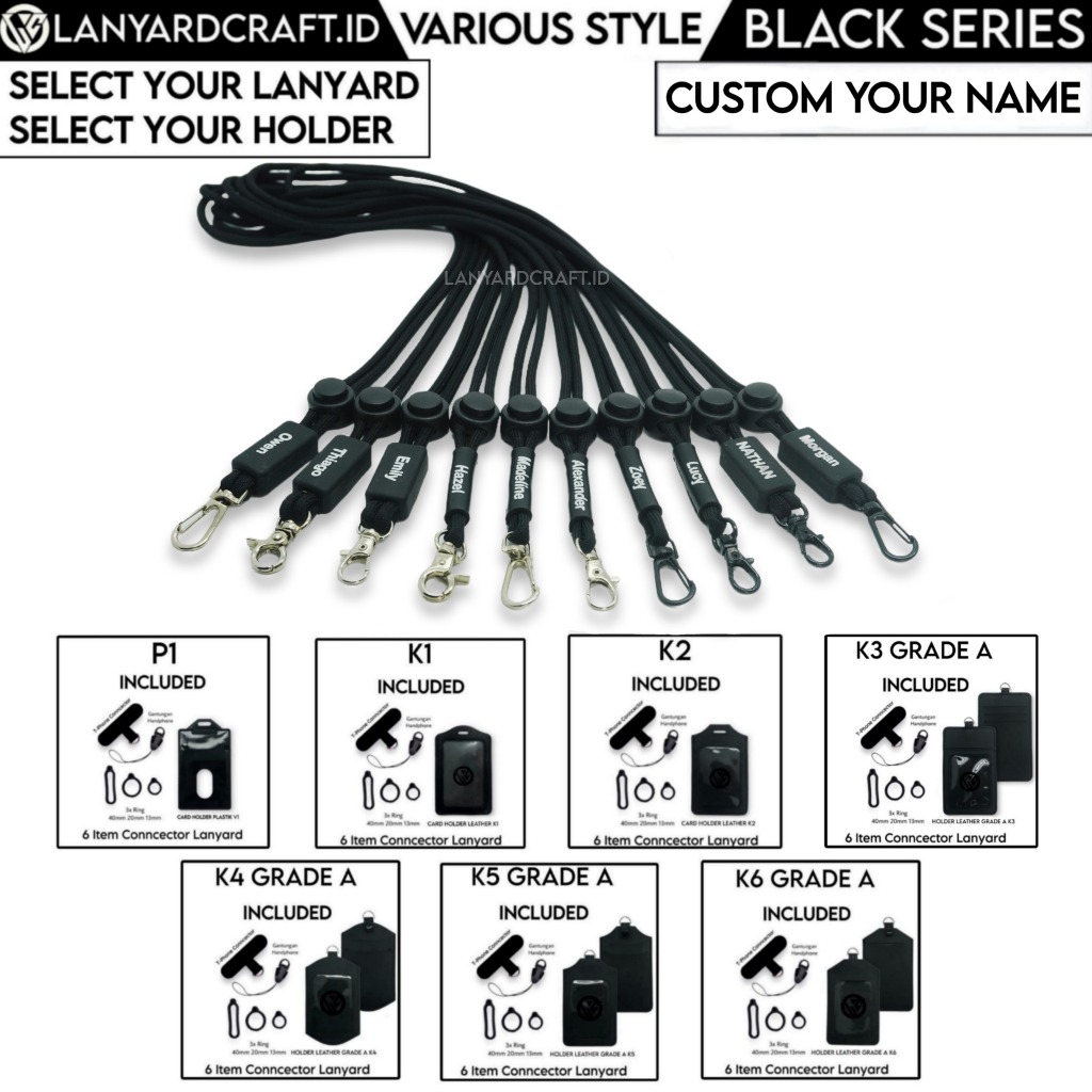 

Lanyard Craft Perusik Black Series Custom Nama / Logo Gantungan Tali id card - V1