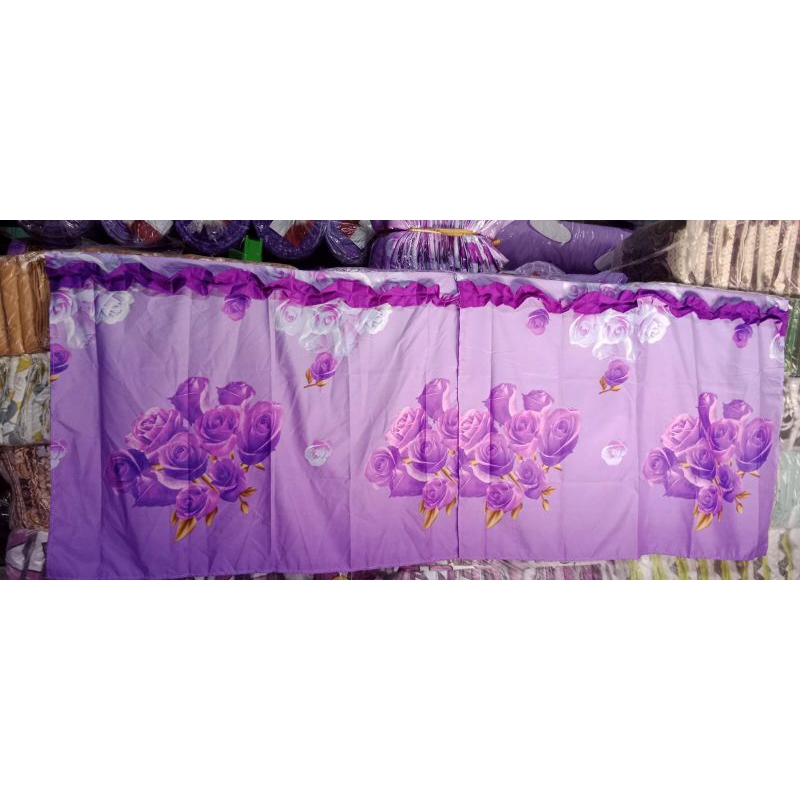 tirai gorden kolong dapur motif bunga ungu violet
