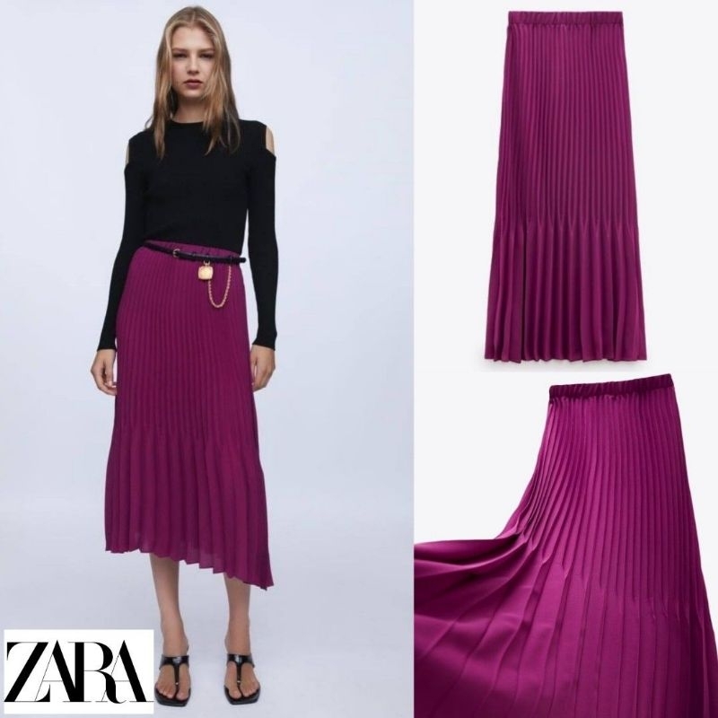 [ZARA] Pleated Long Skirt Chiffon Half Pleat Dark Purple / Rok Midi Panjang Plisket Sifon Megar Ungu
