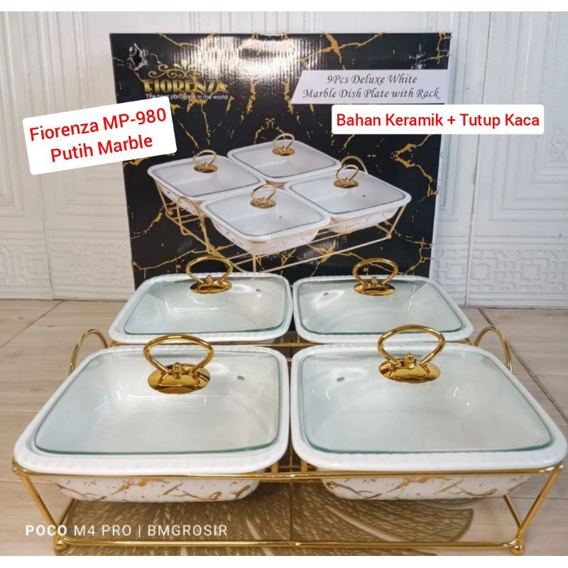 [Packing Kayu] Prasmanan Segi Keramik FIORENZA Set 4 Pcs / Wadah Saji Lauk