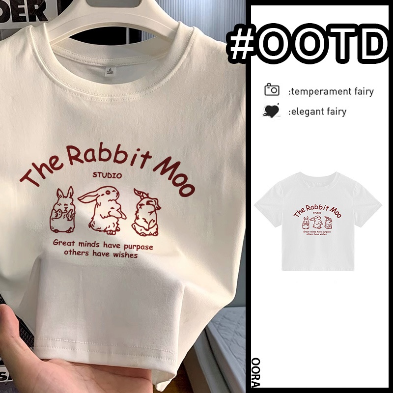 OORA t shirt crop top slimfit the rabbit moo kelinci wanita korean style   baju ketat crop top putih