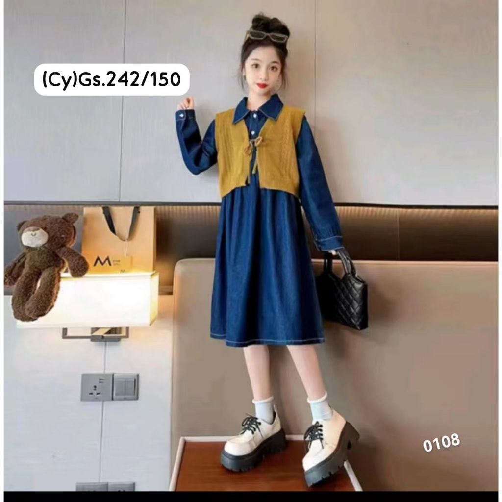 Dress jeans anak imprt + rompi rajut  bahan bagus Gs242
