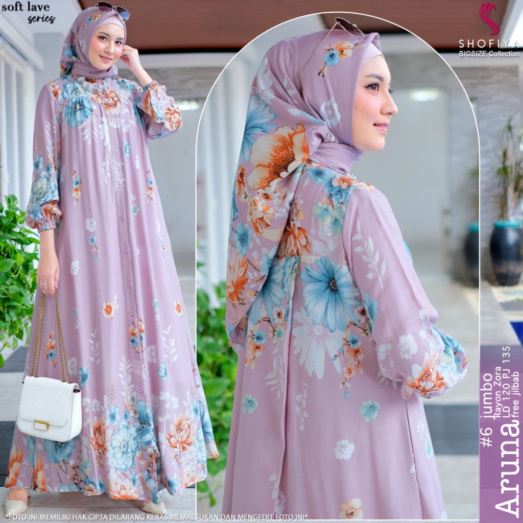 aruna6 baju gamis pakaian dress maxy set jilbab ld 120 xxxl rayon zoya premium kekinian terbaru cod