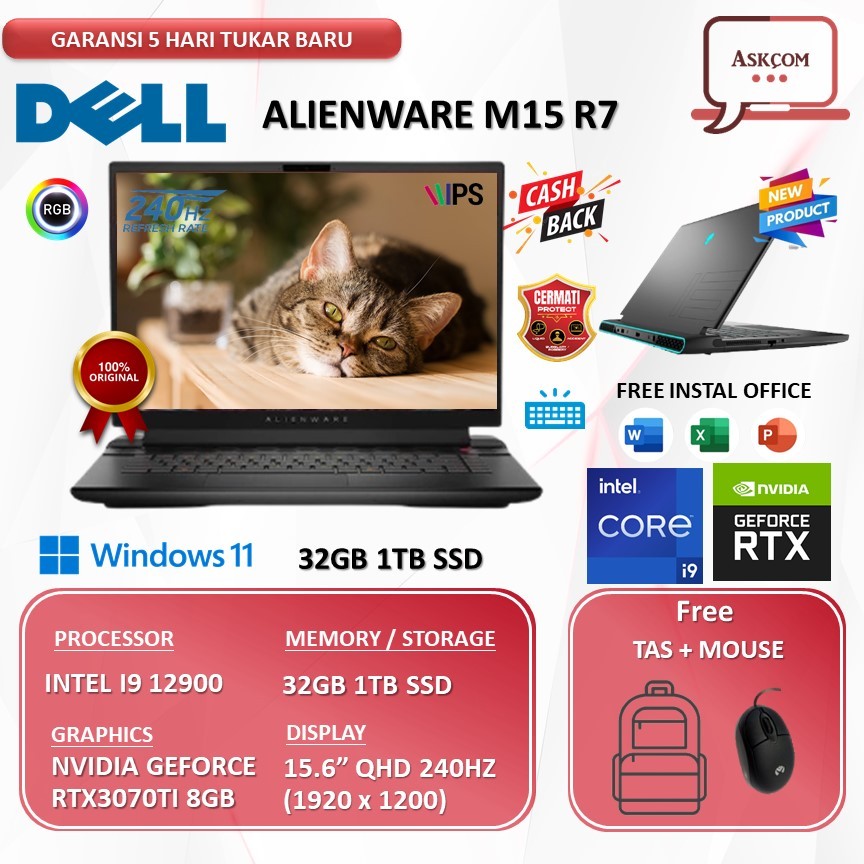 Laptop Gaming Dell Alienware M15 R7 RTX3070TI 8GB I9 12900 RAM 32GB 1TB SSD W11 15.6FHD