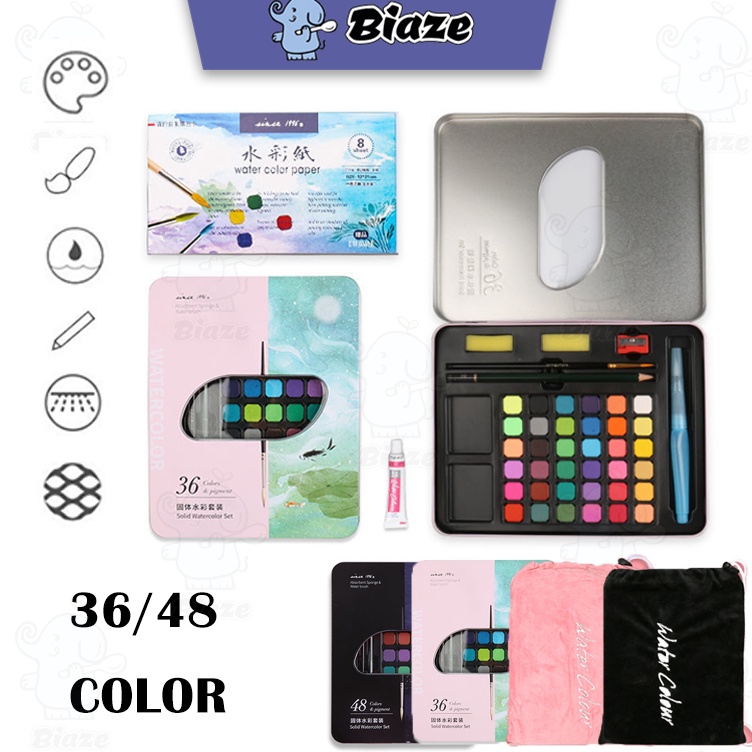 

BIAZE 3648 Watercolor Paint Set Warna Solid Alat Cat Air Termasuk Kuas dan Kertas Gambara ART T8Y7