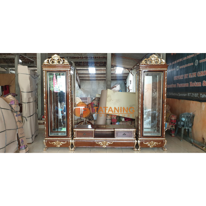 TV CABINET RINTIK MAWAR KAYU JATI FINISHING UKIR MEWAH LEMARI HIAS ALMARI MINIMALIS DEKORASI RUANG I