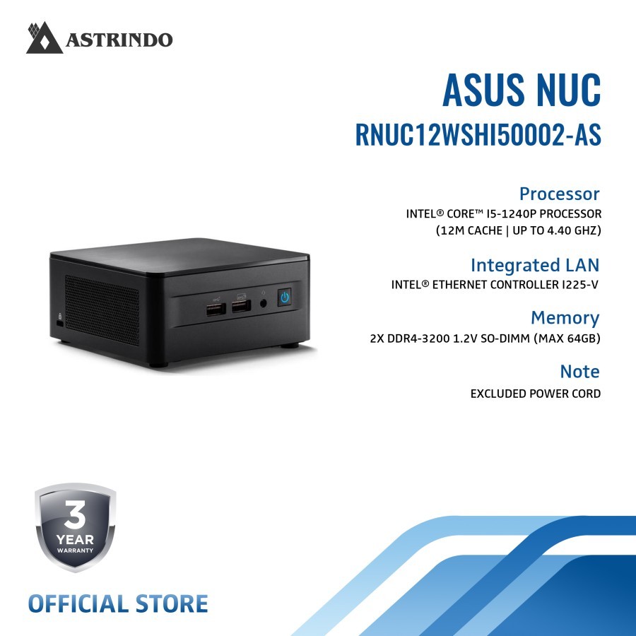 Asus NUC 12WSHi5 Intel Core i5-1240P Gen 12 DDR4-3200 12 Pro Kit Mini PC - Barebone