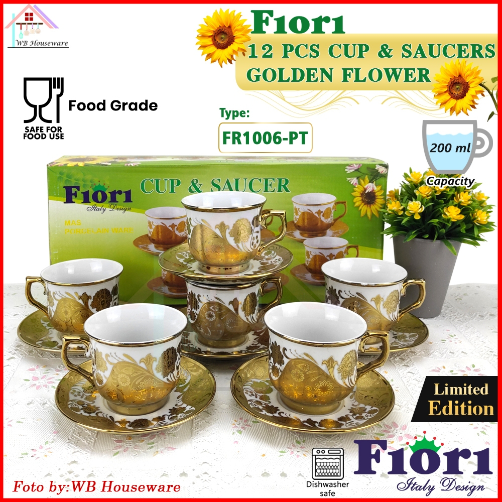 FIORI 6pcs cangkir set motif bunga golden flower 200ml / coffee tea set cup and saucer keramik porce