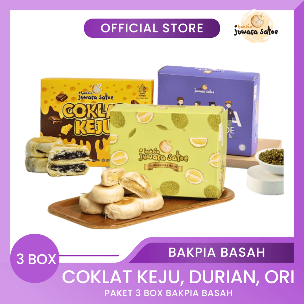 

BAKPIA JUWARA SATOE [ 3 Box ] Paket Bakpia Basah (Coklat Keju, Durian, Original) - Oleh Oleh Khas Jogja