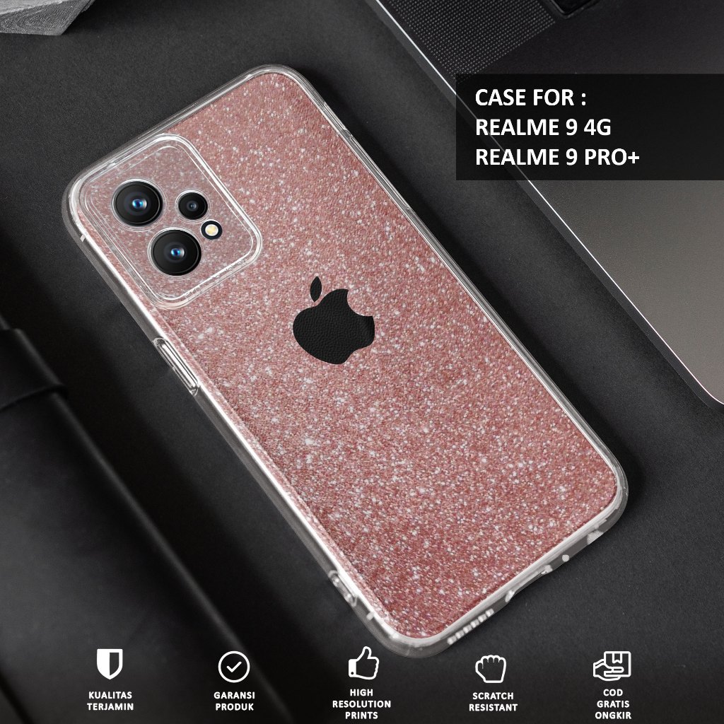 CASE REALME 9 4G - CASING REALME 9 PRO+ Motif APL GLITTER - Softcase Premium Fourside - Bening Trans