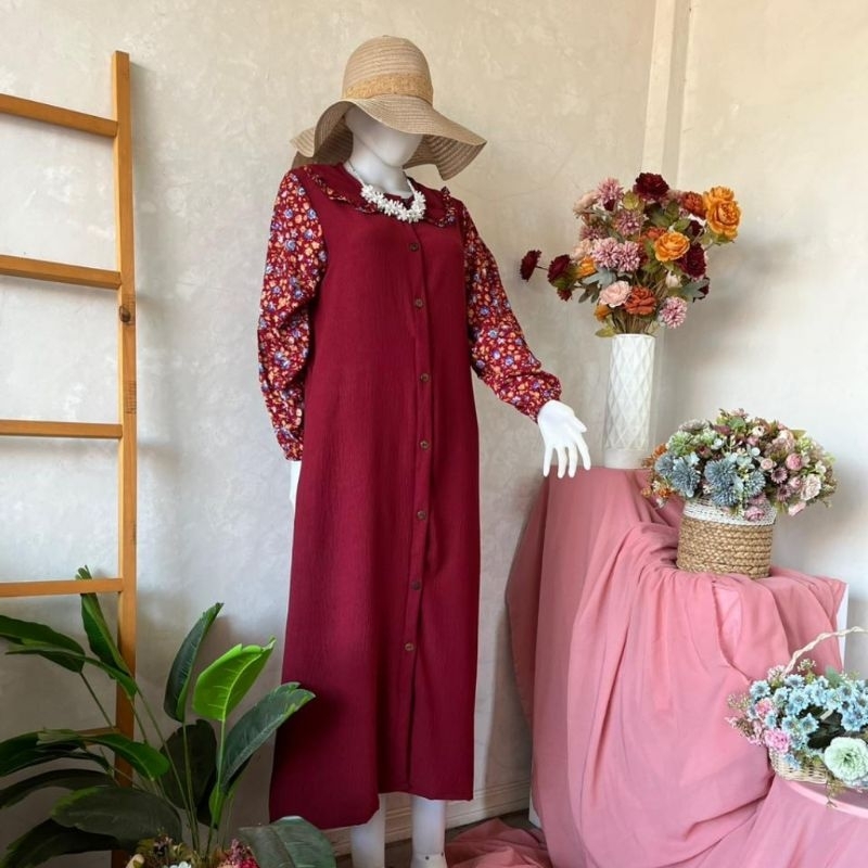 Midi Dress Bahan Crinkle Mix Rayon Premium Motif Polos