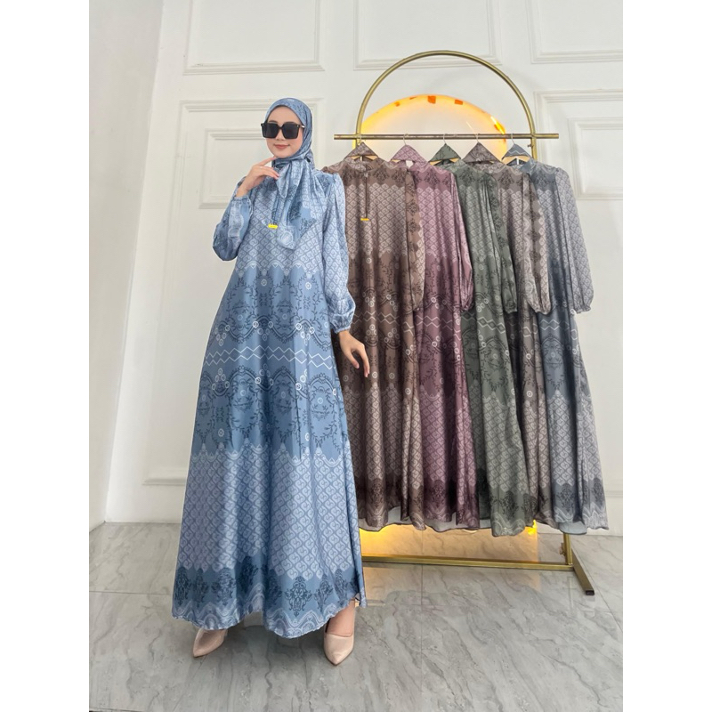 Gamis Armany brown digital motif AKAR MAYUNG set hijab