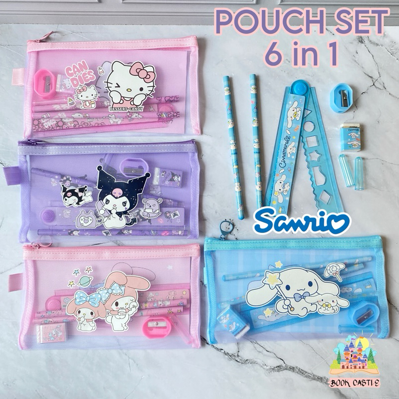

pouch jaring set 6 in 1 tempat pensil sanrio kuromi melody hello kitty cinamoroll