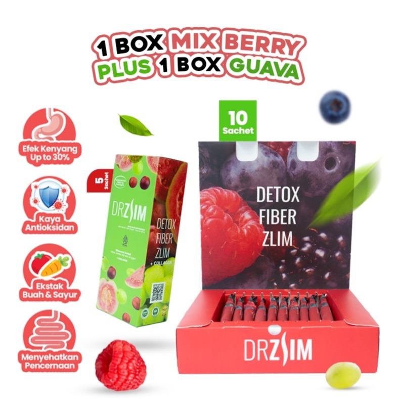 

DRZLIM mixberry & DRZLIM Guava+Collagen | Minuman Fiber Pelancar Pencernaan ( Paket Bundling ) isi total 15 sachet