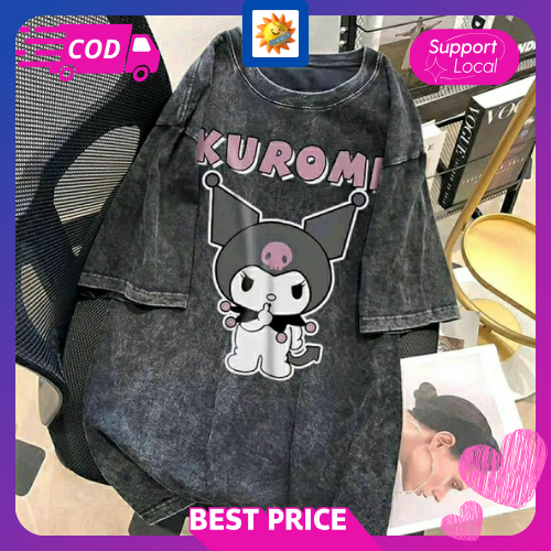 T-Shirt Kuromi T-shirt Kaos Wash Black Wanita Pria Oversize Unisex | Bisa COD
