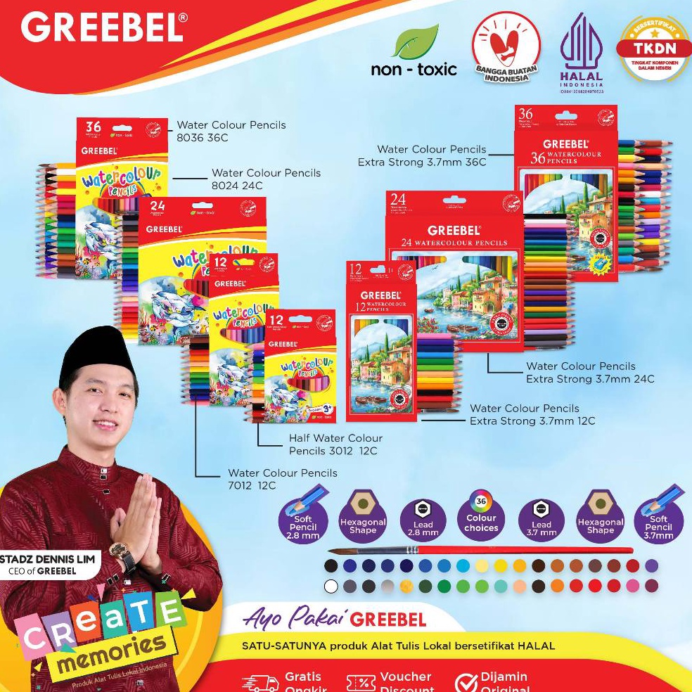 

KODE Q62I GREEBEL Pensil Warna WATERCOLOR ColoringColorColour Pencils Cerah tidak beracun utk mewarnai anak