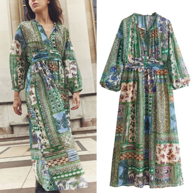 Green Retro Pattern Maxi Dress  74675 (SALE)