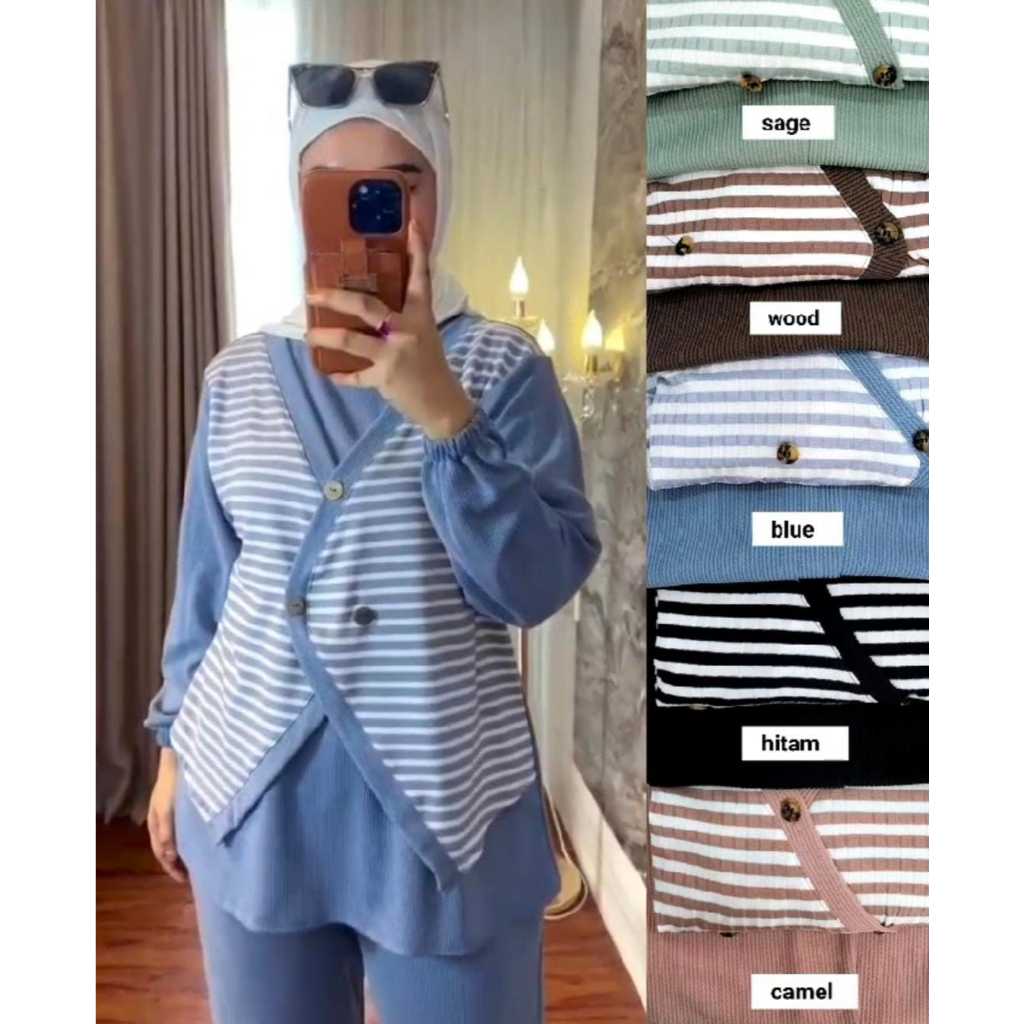 ONE SET KNIT SALUR KOMBINASI RAJUT POLOS SETELAN INNER GARIS - GARIS MIX CELANA SNOW RIB TERBARU ONE