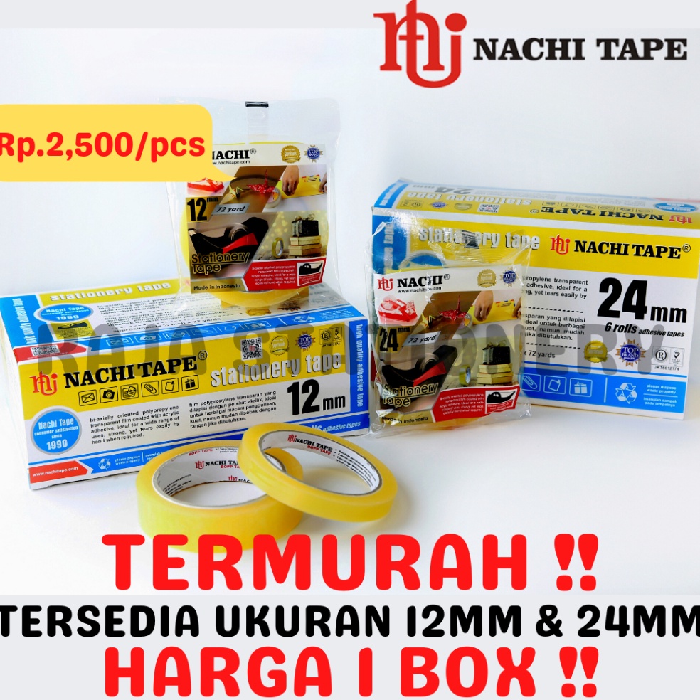 

KODE F12P NACHI STATIONERY TAPE 12mm 24mm SELOTIP SOLATIP LAKBAN SOLASI ISOLASI NACHI 1 BOX
