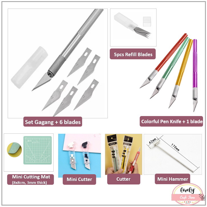 

LovelyCraftStore | 1set Hobby knife (1 gagang + 6 blades), Carving Knife, Kirigami Knife, Art knife, Cutting Mat, Palu Mini, Cutter