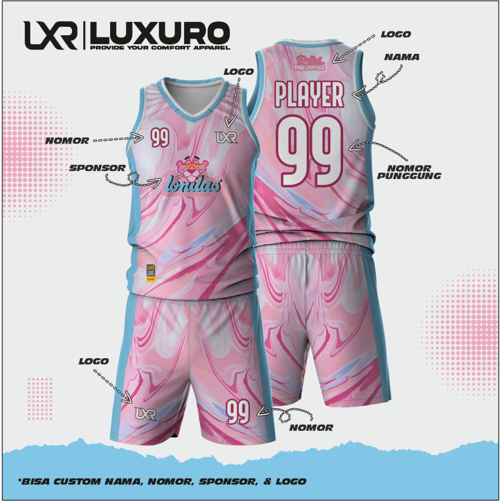 Setelan Jersey Basket Pink Blue Custom Full Printing