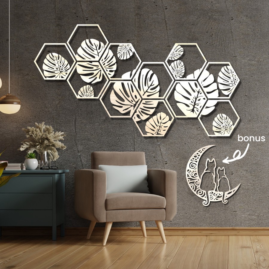 Dekorasi Dinding Kayu Classic Monstera Hexagonal 1.4m Hiasan Ruang