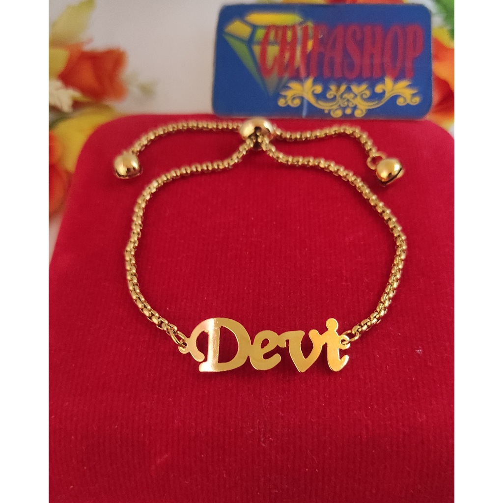 Gelang serut ukir nama Titanium anti karat lapis emas 24k