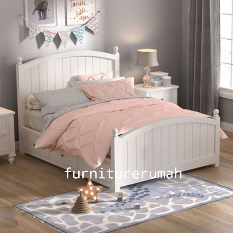 dipan tempat tidur minimalis laci Duco putih, ranjang tidur minimalis laci Duco putih