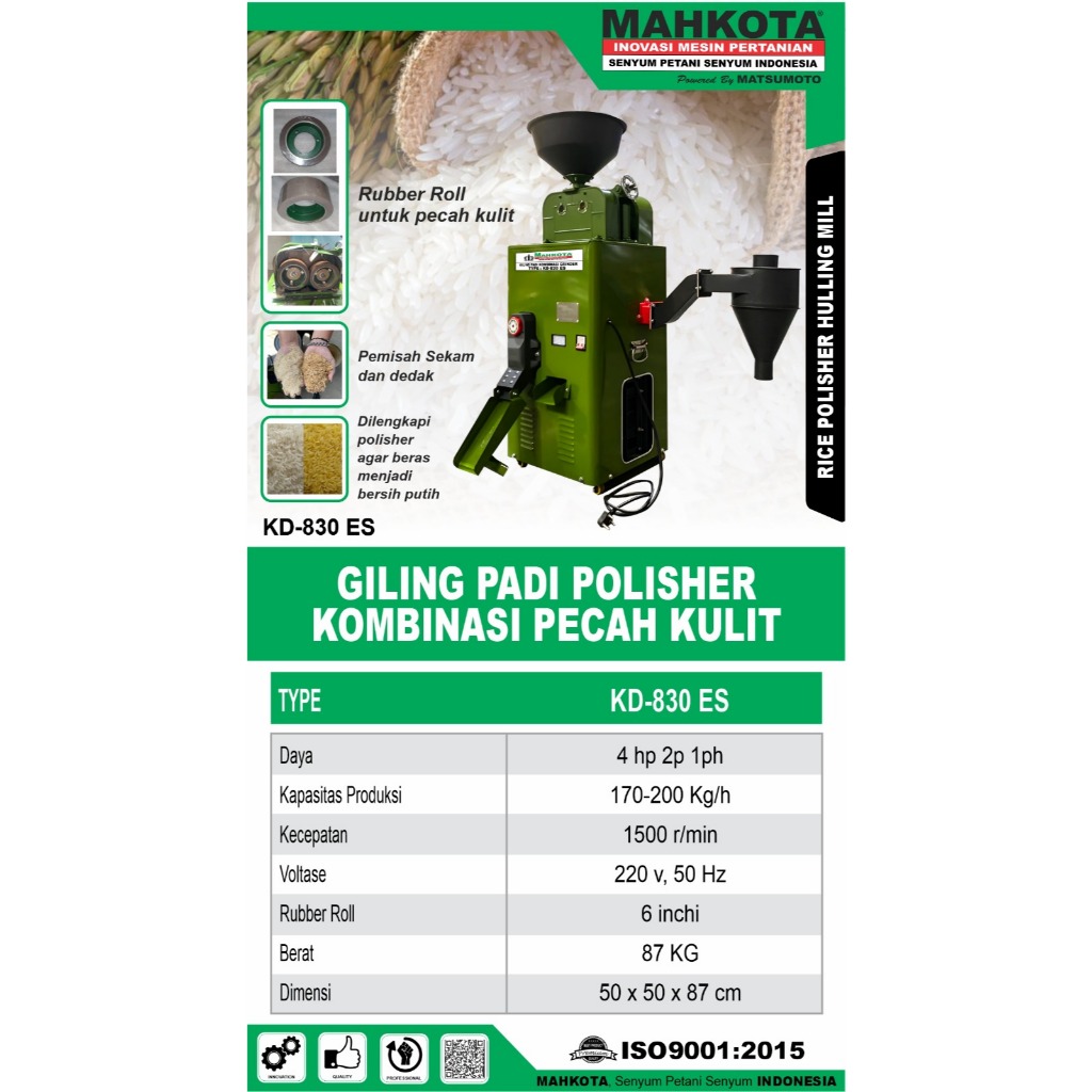 Mesin Giling Padi Polisher Kombinasi Pecah Kulit | RICE POLISHER HULLING MILL Mahkota KD 830 ES plus