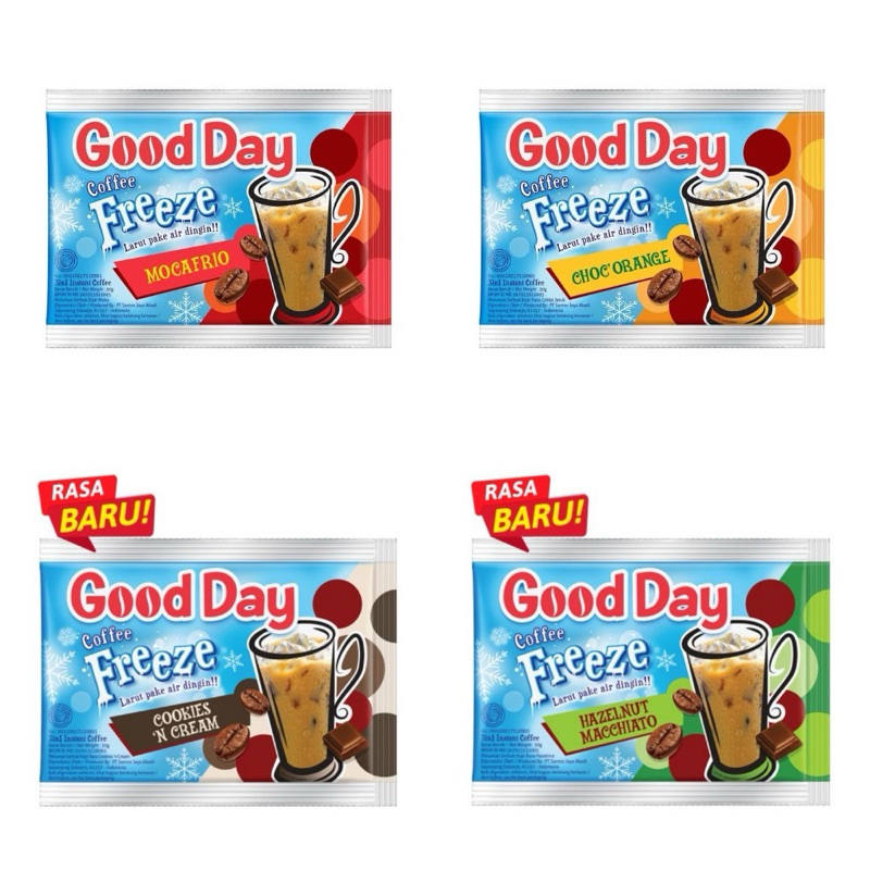 

Kopi Good Day Freeze renceng 10 sachet x 30 gram (Rasa Choc'o'range,Cookies cream,Hazelnut Macchiato,Mocafrio)