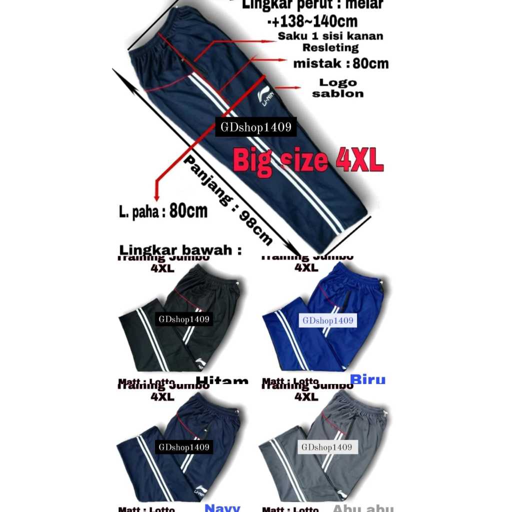 Celana training Super jumbo/Big size xxxxxL pria wanita